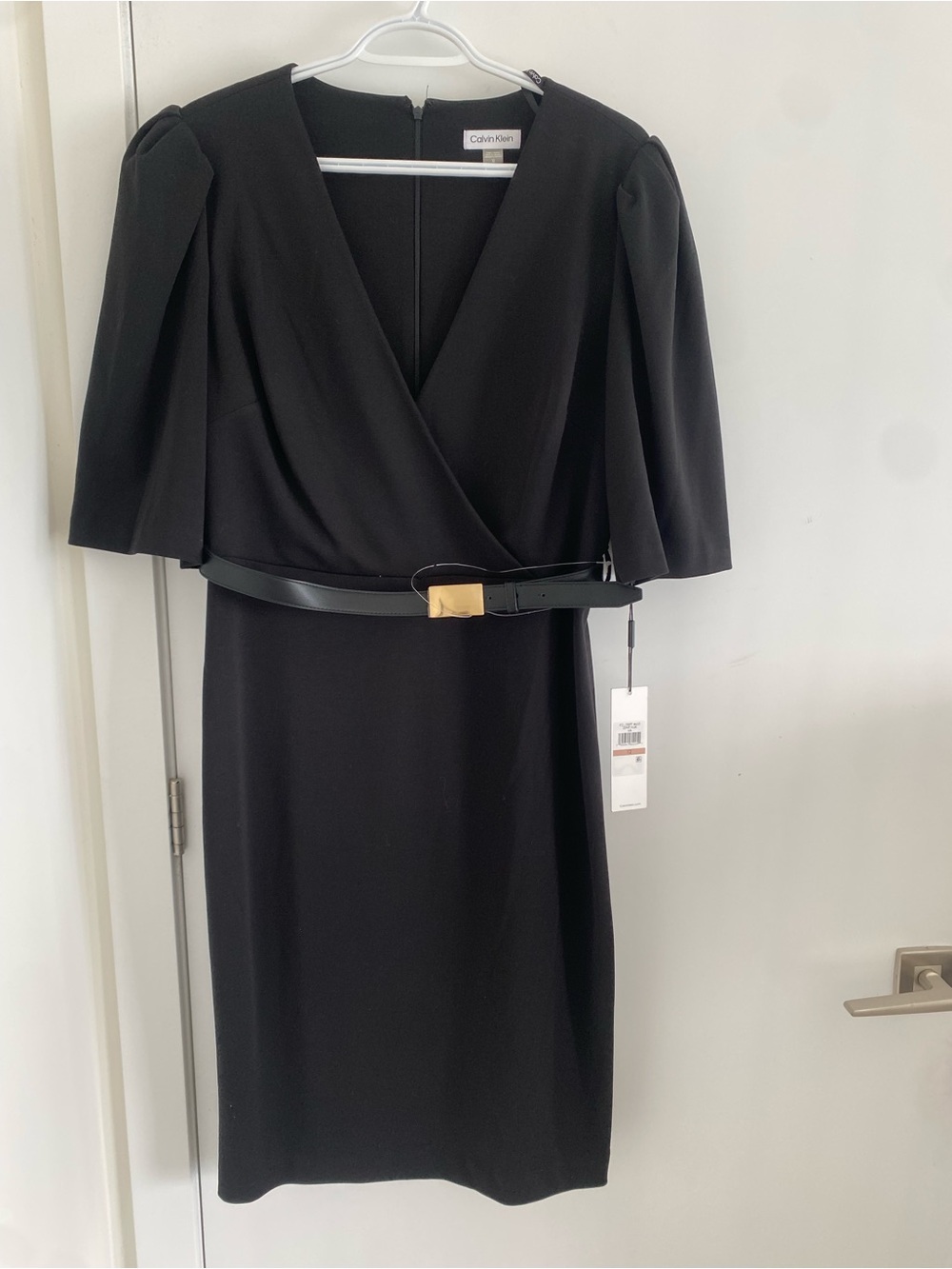 Calvin Klein Black V-Neck Wrap Midi Dress with Gold Buckle Belt NWT